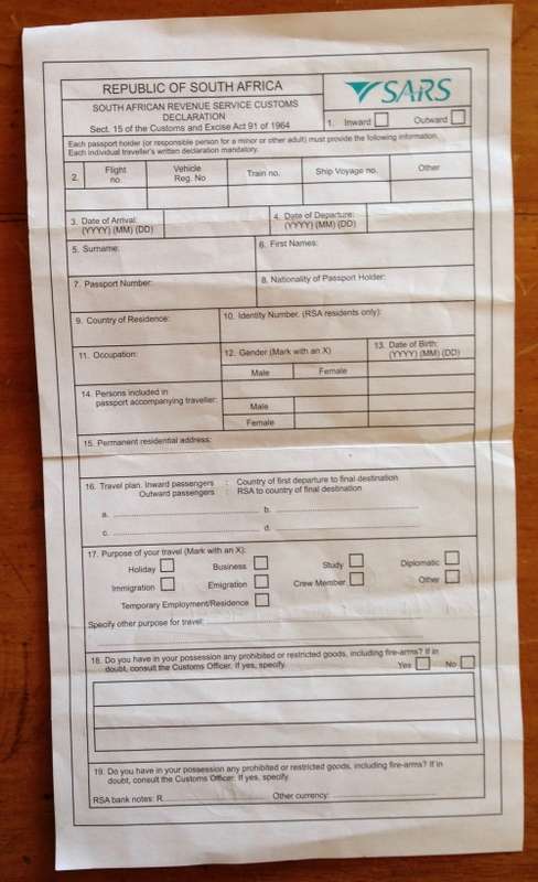 SOUTH AFRICAN REVENUE SERVICES SARS CUSTOMS DECLARATION FORM JOHANNESBURG INTERNATIONAL AIRPORT 2003