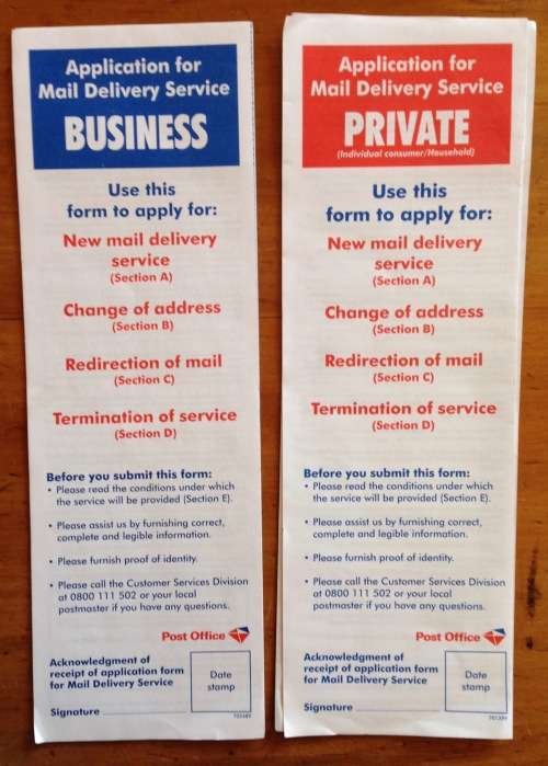 SOUTH AFRICAN POST OFFICE APPLICATION FOR MAIL DELIVERY SERVICE PRIVATE + BUSINESS UNUSED DOCUMENTS