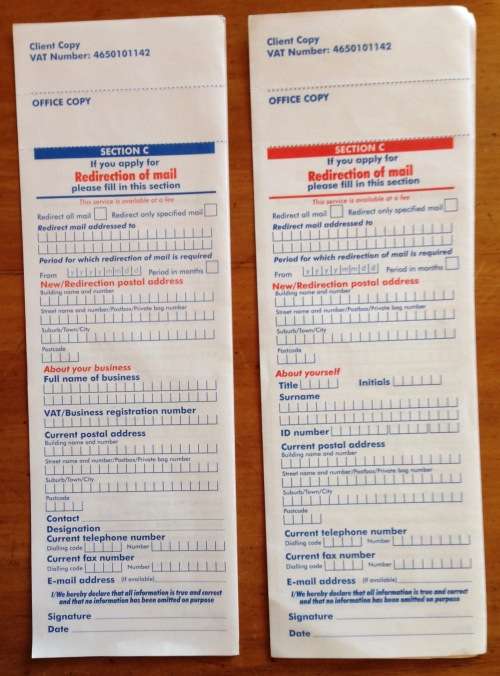SOUTH AFRICAN POST OFFICE APPLICATION FOR MAIL DELIVERY SERVICE PRIVATE + BUSINESS UNUSED DOCUMENTS