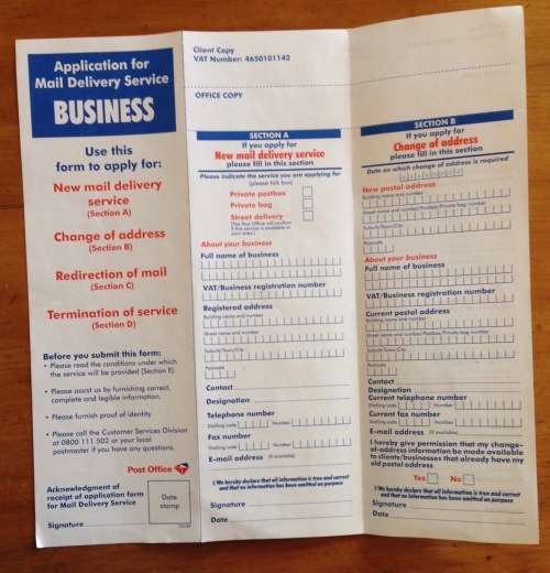 SOUTH AFRICAN POST OFFICE APPLICATION FOR MAIL DELIVERY SERVICE PRIVATE + BUSINESS UNUSED DOCUMENTS