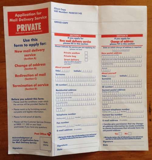 SOUTH AFRICAN POST OFFICE APPLICATION FOR MAIL DELIVERY SERVICE PRIVATE + BUSINESS UNUSED DOCUMENTS