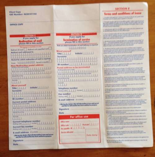 SOUTH AFRICAN POST OFFICE APPLICATION FOR MAIL DELIVERY SERVICE PRIVATE + BUSINESS UNUSED DOCUMENTS