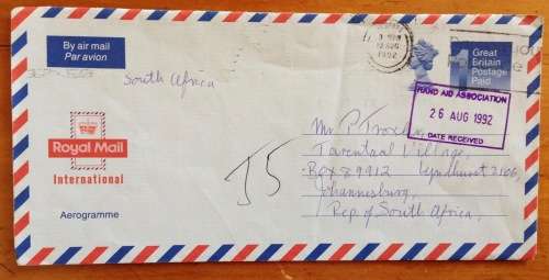 GREAT BRITAIN AIRMAIL LETTER ROYAL MAIL AEROGRAMME to JOHANNESBURG SOUTH AFRICA 1992 RAND AID ASSOC.