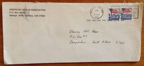 USA x 2 AMERICAN CICHLID ASSOCIATION CAMPERDOWN NATAL JOHANNESBURG PRIORITY MAIL1993 1980.