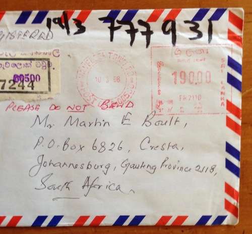 SRI LANKA AIRMAIL LETTER INCOMING to JOHANNESBURG SOUTH AFRICA REGISTERED MAIL 2008 UNUSUAL.