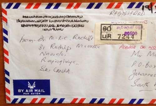 SRI LANKA AIRMAIL LETTER INCOMING to JOHANNESBURG SOUTH AFRICA REGISTERED MAIL 2008 UNUSUAL.