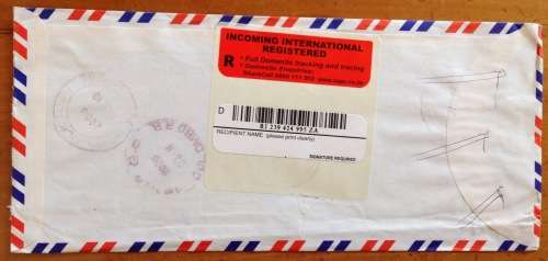 SRI LANKA AIRMAIL LETTER INCOMING to JOHANNESBURG SOUTH AFRICA REGISTERED MAIL 2008 UNUSUAL.