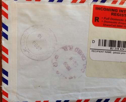 SRI LANKA AIRMAIL LETTER INCOMING to JOHANNESBURG SOUTH AFRICA REGISTERED MAIL 2008 UNUSUAL.