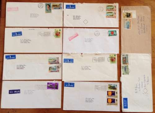 JERSEY x 10 CHANNEL ISLANDS 1972-1976 AIRMAIL LETTERS INCOMING TO PORT ELIZABETH SOUTH AFRICA.