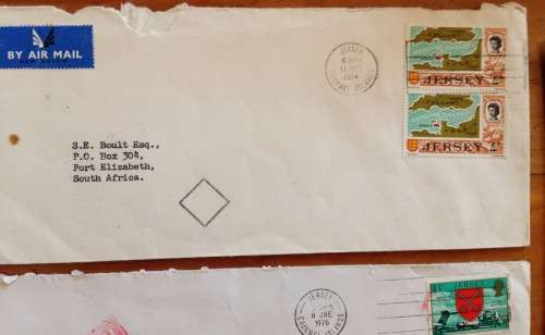JERSEY x 10 CHANNEL ISLANDS 1972-1976 AIRMAIL LETTERS INCOMING TO PORT ELIZABETH SOUTH AFRICA.