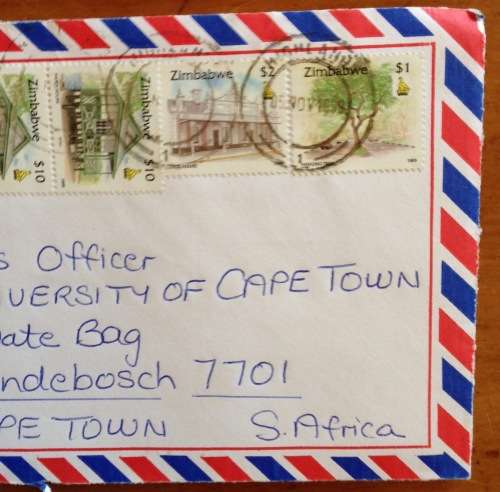 ZIMBABWE REGISTERED AIRMAIL LETTER HIGHLANDS to CAPE TOWN 1999 MINING PAPER + CECIL HOUSE TREES.