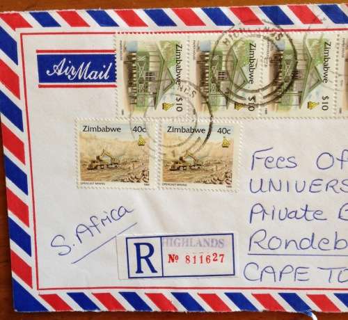 ZIMBABWE REGISTERED AIRMAIL LETTER HIGHLANDS to CAPE TOWN 1999 MINING PAPER + CECIL HOUSE TREES.