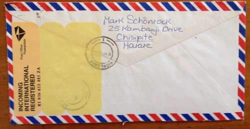 ZIMBABWE REGISTERED AIRMAIL LETTER HIGHLANDS to CAPE TOWN 1999 MINING PAPER + CECIL HOUSE TREES.