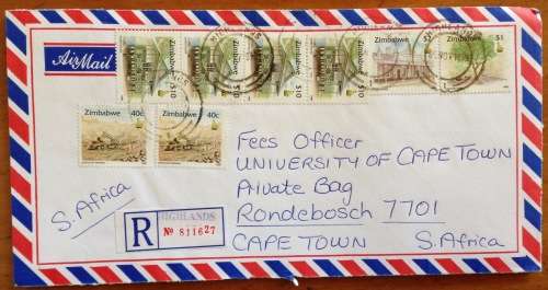 ZIMBABWE REGISTERED AIRMAIL LETTER HIGHLANDS to CAPE TOWN 1999 MINING PAPER + CECIL HOUSE TREES.