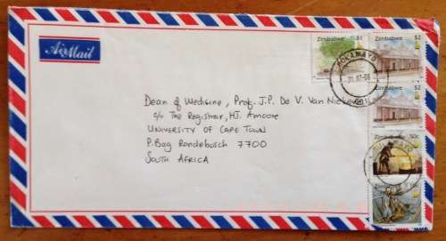 ZIMBABWE AIRMAIL LETTER BULAWAYO to CAPE TOWN 2008 MINING GOLD SMELTING CECIL HOUSE TREES.
