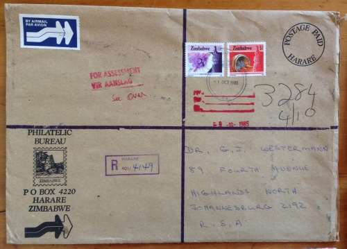 ZIMBABWE REGISTERED AIRMAIL LETTER HARARE to JOHANNESBURG 1985 `FOR ASSESSMENT` CACHET CUSTOMS LABEL