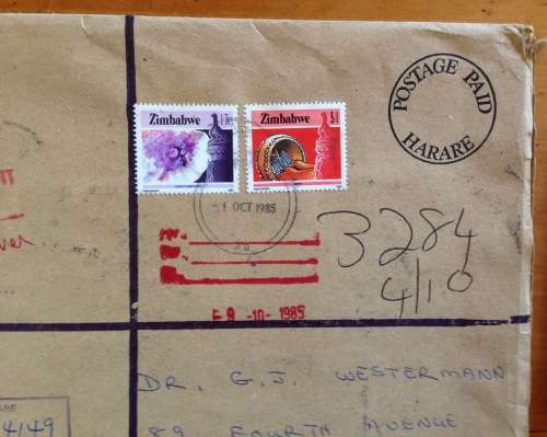 ZIMBABWE REGISTERED AIRMAIL LETTER HARARE to JOHANNESBURG 1985 `FOR ASSESSMENT` CACHET CUSTOMS LABEL