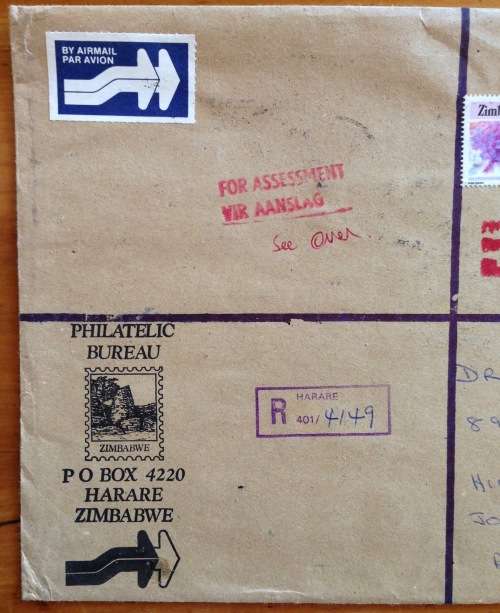 ZIMBABWE REGISTERED AIRMAIL LETTER HARARE to JOHANNESBURG 1985 `FOR ASSESSMENT` CACHET CUSTOMS LABEL