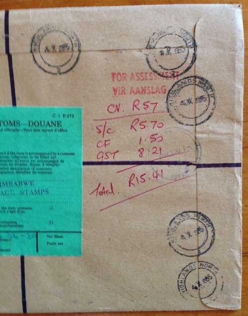 ZIMBABWE REGISTERED AIRMAIL LETTER HARARE to JOHANNESBURG 1985 `FOR ASSESSMENT` CACHET CUSTOMS LABEL