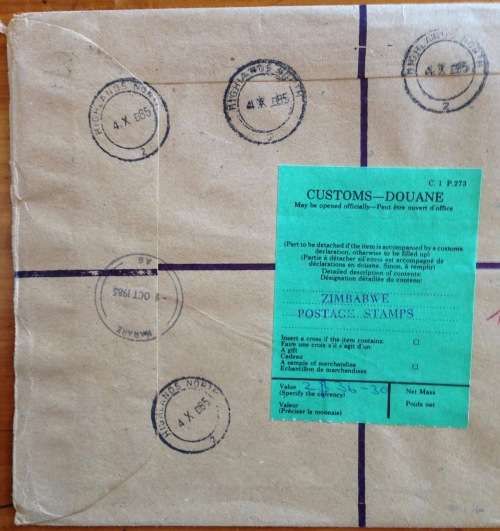 ZIMBABWE REGISTERED AIRMAIL LETTER HARARE to JOHANNESBURG 1985 `FOR ASSESSMENT` CACHET CUSTOMS LABEL
