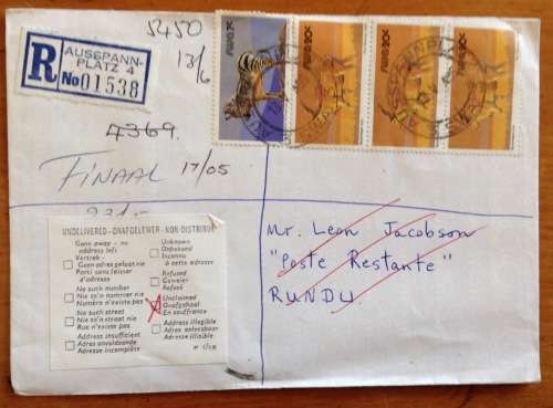 SOUTH WEST AFRICA SWA 1985 AUSSPANNPLATZ to RUNDU via WINDHOEK REGISTERED MAIL UNDELIVERED RETURNED.
