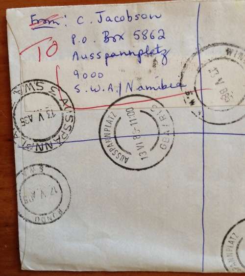 SOUTH WEST AFRICA SWA 1985 AUSSPANNPLATZ to RUNDU via WINDHOEK REGISTERED MAIL UNDELIVERED RETURNED.