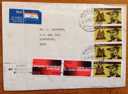 SOUTH AFRICA RSA 1989 AIRMAIL LETTER CAPE TOWN to KIMBERLEY HERTZOG MONUMENT BLOEMFONTEIN SAVE FUEL