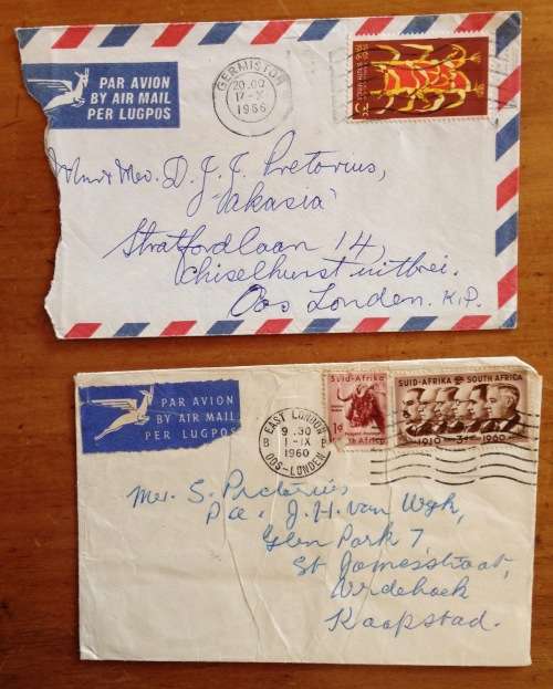 SOUTH AFRICA RSA 1960/66 AIRMAIL LETTERS x 2 EAST LONDON GERMISTON MIELIES WILDEBEEST PRIME MINISTER
