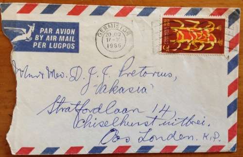 SOUTH AFRICA RSA 1960/66 AIRMAIL LETTERS x 2 EAST LONDON GERMISTON MIELIES WILDEBEEST PRIME MINISTER