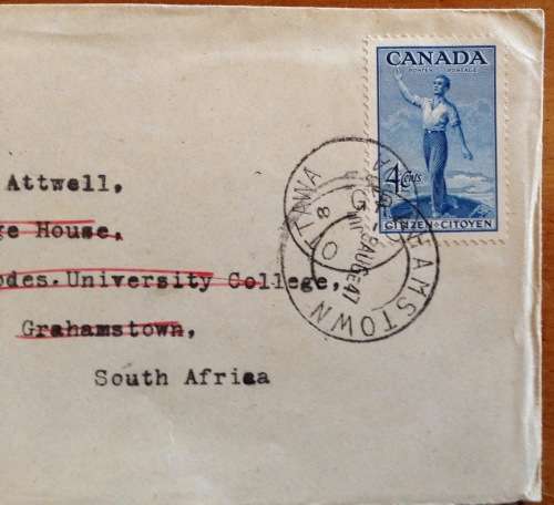 CANADA LETTER FDC 1947 4c CITIZENSHIP OTTAWA to GRAHAMSTOWN SOUTH AFRICA redirected to TRANSVAAL.