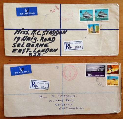 RHODESIA REGISTERED MAIL LETTERS x 2 SALISBURY to EAST LONDON SOUTH AFRICA 1972/3 HYDROFOIL MINING.