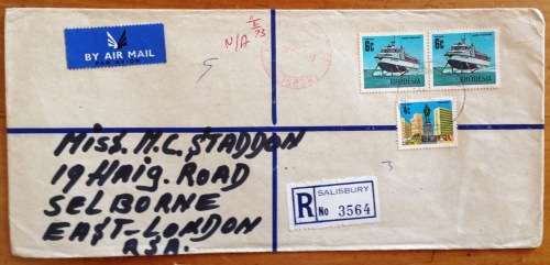RHODESIA REGISTERED MAIL LETTERS x 2 SALISBURY to EAST LONDON SOUTH AFRICA 1972/3 HYDROFOIL MINING.