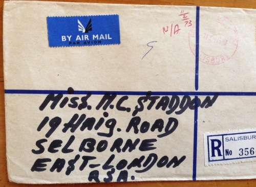 RHODESIA REGISTERED MAIL LETTERS x 2 SALISBURY to EAST LONDON SOUTH AFRICA 1972/3 HYDROFOIL MINING.