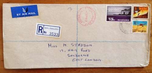 RHODESIA REGISTERED MAIL LETTERS x 2 SALISBURY to EAST LONDON SOUTH AFRICA 1972/3 HYDROFOIL MINING.