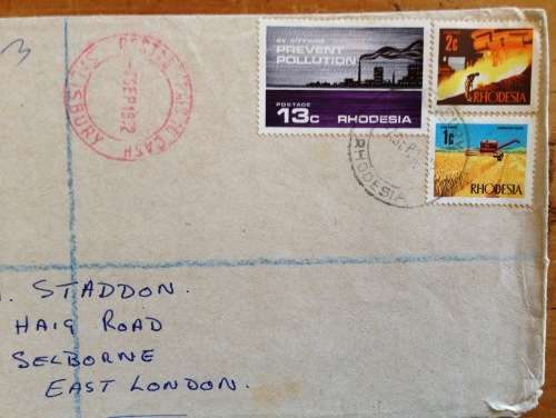 RHODESIA REGISTERED MAIL LETTERS x 2 SALISBURY to EAST LONDON SOUTH AFRICA 1972/3 HYDROFOIL MINING.