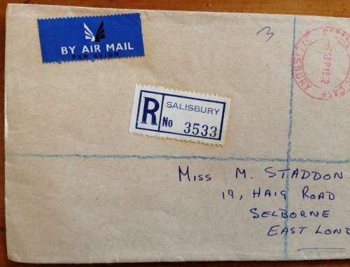 RHODESIA REGISTERED MAIL LETTERS x 2 SALISBURY to EAST LONDON SOUTH AFRICA 1972/3 HYDROFOIL MINING.