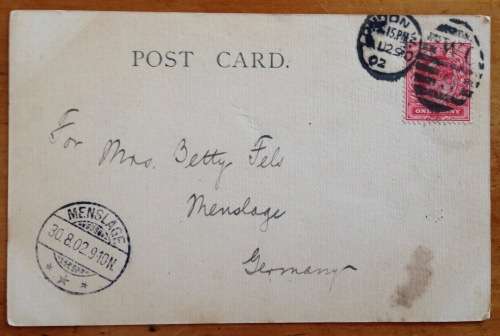 POSTCARD GREAT BRITAIN LONDON METROPOLE HOTEL to MENSLAGEGERMANY 1902 PROVING CANCEL W.O. 9.