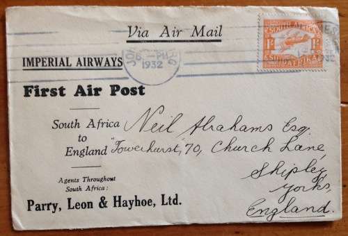 IMPERIAL AIRWAYS FIRST AIR POST JANUARY 26 1932 UNION SOUTH AFRICA JOHANNESBURG to YORKSHIRE ENGLAND
