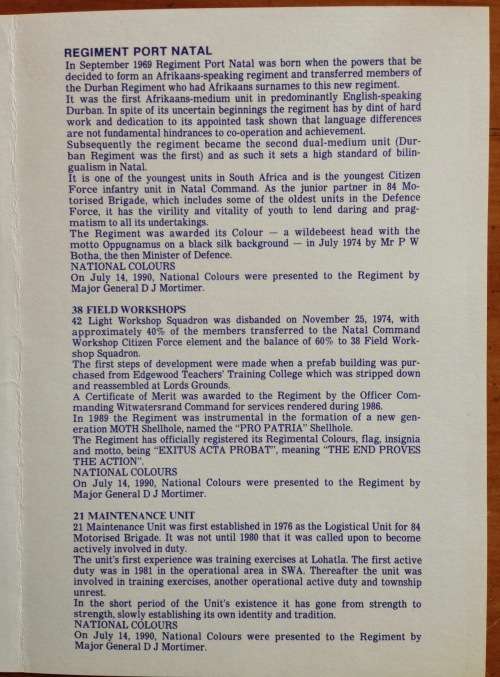 MILITARY=84 MOTORISED BRIGADE=1990=SOUTH AFRICA=COMMEMORATIVE COVER=DURBAN=UMVOTI=NMR=NFA=SIGNALS.