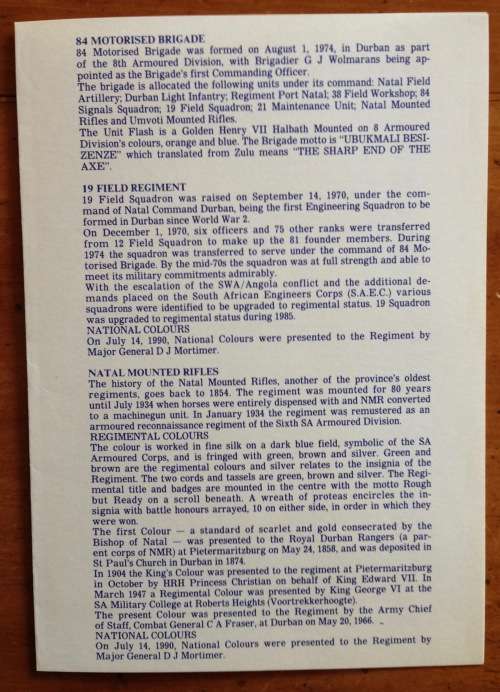 MILITARY=84 MOTORISED BRIGADE=1990=SOUTH AFRICA=COMMEMORATIVE COVER=DURBAN=UMVOTI=NMR=NFA=SIGNALS.