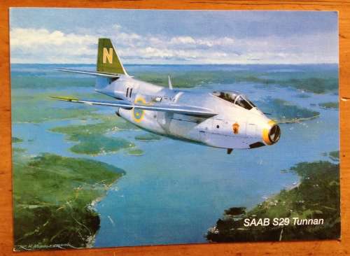 POSTCARD JUMBO SAAB S29 TUNNAN JET FIGHTER AEROPLANE T17500 FORLAG HAKAN ERIKSSON NOSTALGI SWEDEN