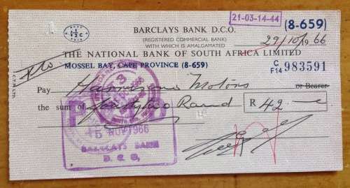 CHEQUE BARCLAYS BANK DCO Commercial Bank 1966 NATIONAL BANK of SOUTH AFRICA LIMITED MOSSEL BAY CAPE