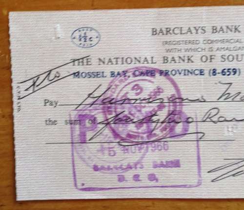 CHEQUE BARCLAYS BANK DCO Commercial Bank 1966 NATIONAL BANK of SOUTH AFRICA LIMITED MOSSEL BAY CAPE