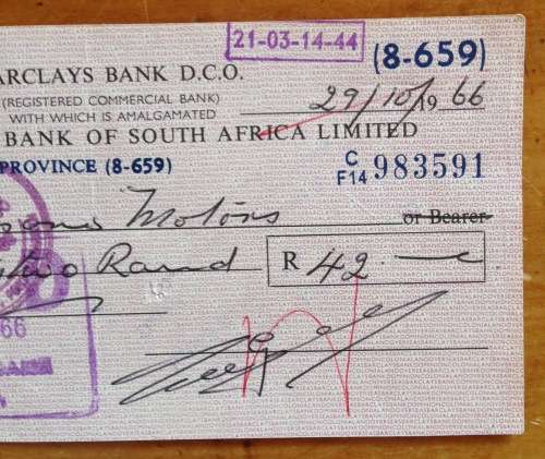 CHEQUE BARCLAYS BANK DCO Commercial Bank 1966 NATIONAL BANK of SOUTH AFRICA LIMITED MOSSEL BAY CAPE