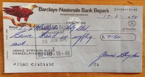 CHEQUE BARCLAYS NASIONALE BANK BEPERK 1974 JOUBERTINA CAPE AFRICAN FISH EAGLE BIRD of PREY DUTY PAID