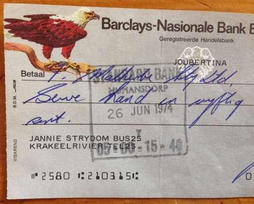 CHEQUE BARCLAYS NASIONALE BANK BEPERK 1974 JOUBERTINA CAPE AFRICAN FISH EAGLE BIRD of PREY DUTY PAID