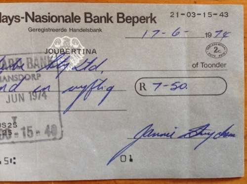 CHEQUE BARCLAYS NASIONALE BANK BEPERK 1974 JOUBERTINA CAPE AFRICAN FISH EAGLE BIRD of PREY DUTY PAID