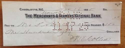 CHEQUE 1925 USA THE (MERCHANTS and FARMERS) UNION NATIONAL BANK NORTH CAROLINA UNITED STATES US$150