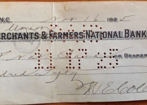 CHEQUE 1925 USA THE (MERCHANTS and FARMERS) UNION NATIONAL BANK NORTH CAROLINA UNITED STATES US$150