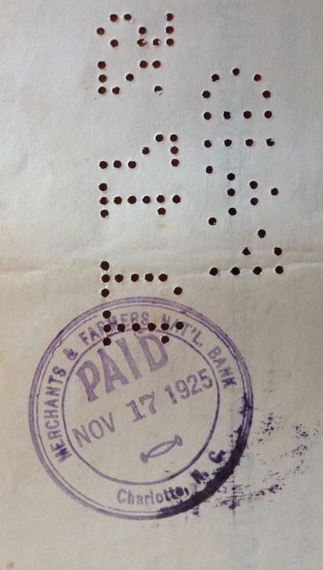 CHEQUE 1925 USA THE (MERCHANTS and FARMERS) UNION NATIONAL BANK NORTH CAROLINA UNITED STATES US$150